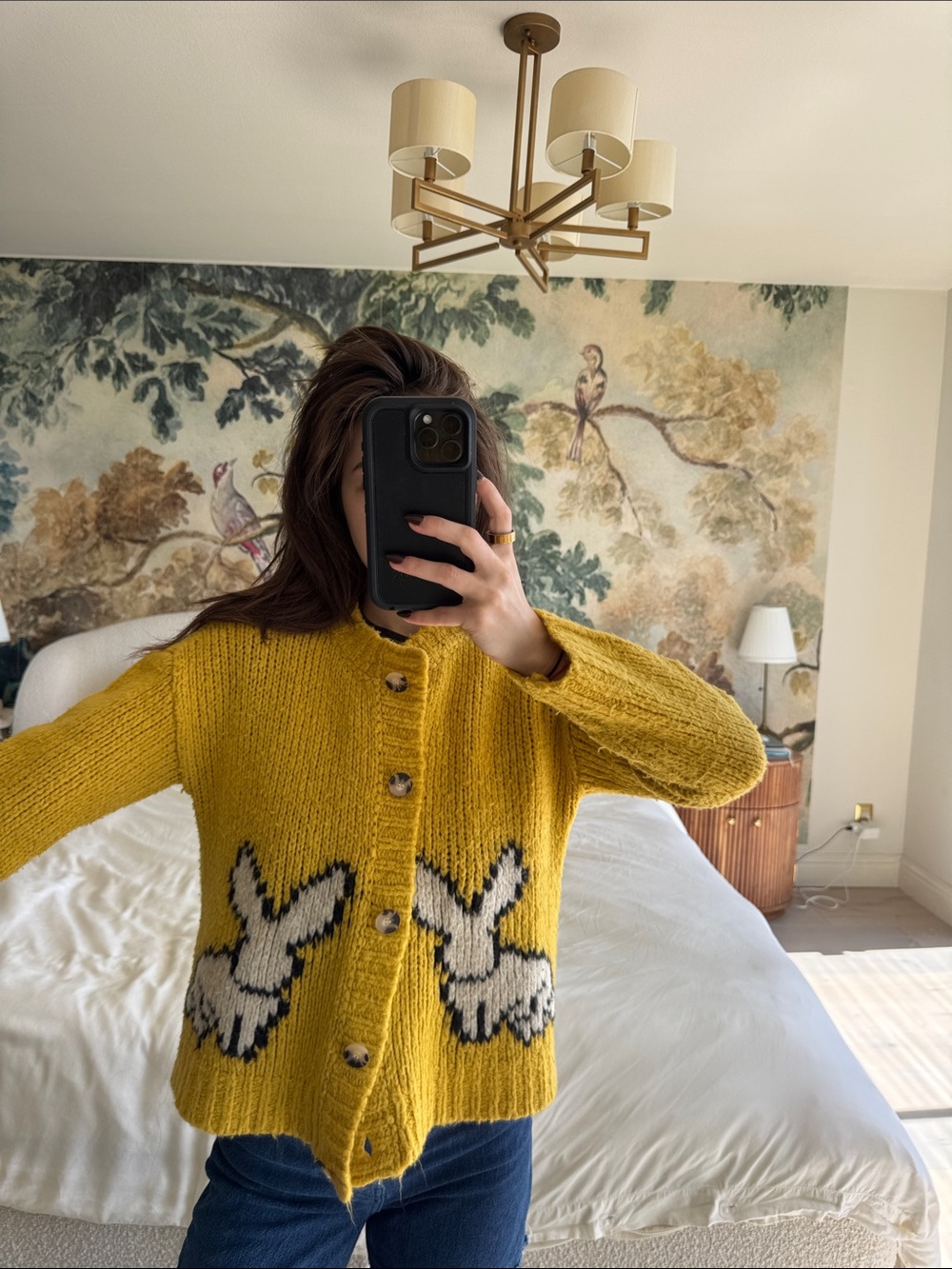 Maeve Mustard Yellow Bunny Intarsia Button-Front Cardigan